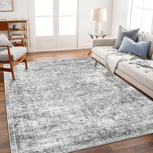 Area Rug 6x9 Washable Rug Gray Vintage Traditional Floor Cover Thin Rug Retro Kitchen Indoor Distressed Non Slip Carpet Floral Print Mat Living Room Bedroom Dining Room