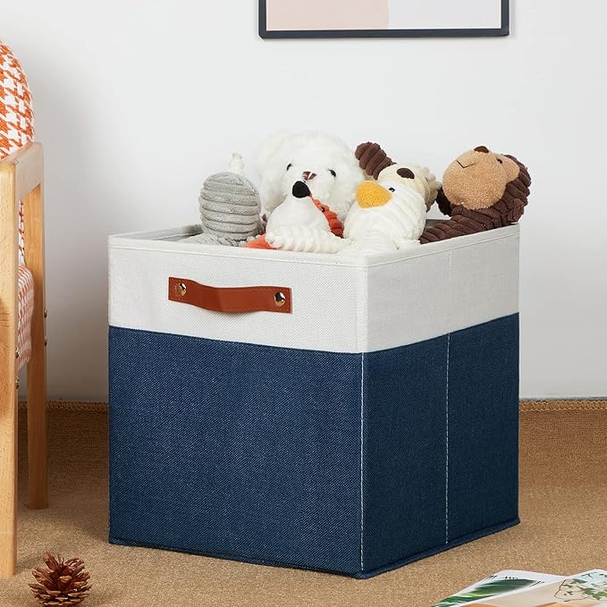 HNZIGE Fabric Storage Cubes Bins for Shelves,13x13 Storage Cubes, Set Of 4 Foldable Cubby Storage Bins for Organizing, Cloth Blue Storage Baskets for Cube Organizer Toy Nursery Shelves(Blue&White)