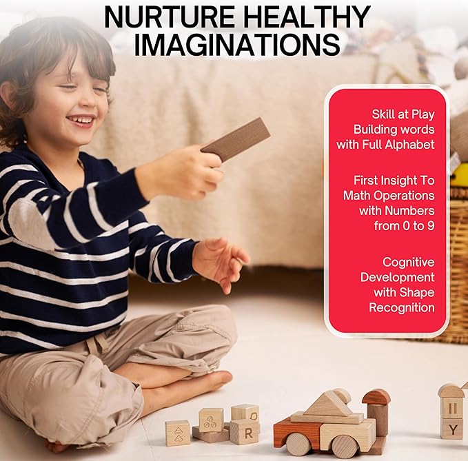 Alphabet Number Early Math Wooden Building Blocks Set - 86 Blocks in 6 Shapes with Wooden Storage Tray. Preschool Montessori Kids Toys. Stacking Learning Toys for Toddlers. Age 3 Years +