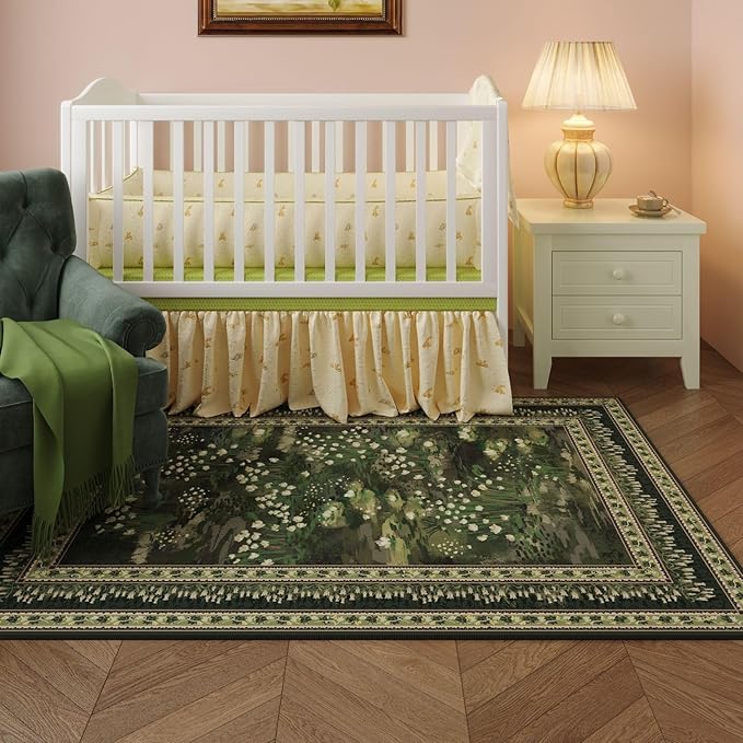 Area Rugs 8x10 Clearance Impressionist-Style Vintage Washable Area Rug Non Slip Low Pile Large Rug for Bedroom Farmhouse Dining Room Kids Playroom, Green