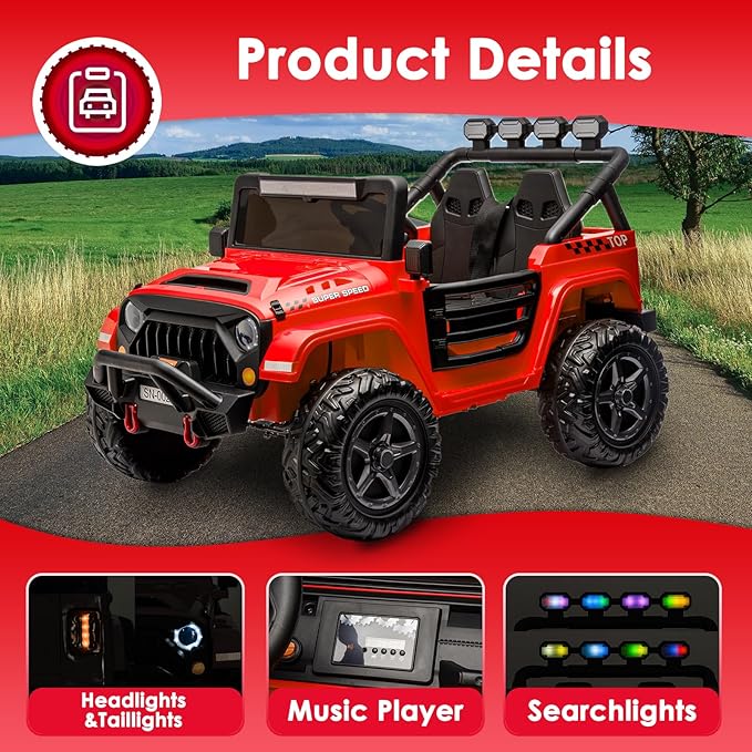 24V 2 Seater Ride On Truck with Remote Control 4WD Electric Car for Kids Ride On Car Battery Powered Ride On Toy Car with Music Player, LED Lights, Bluetooth, Rear Shock Absorber, Red
