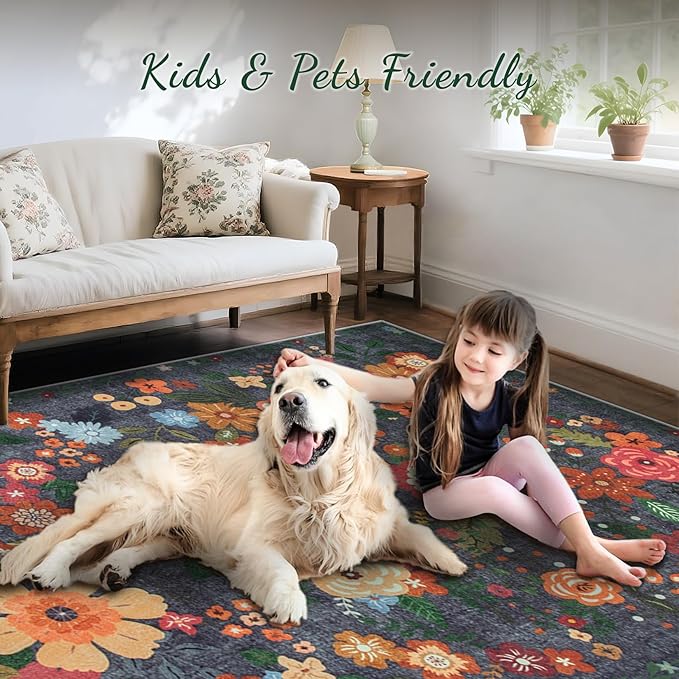 Area Rug Living Room Rugs: 6x9 Washable Rug Vintage Floral Soft Boho Non Slip Carpet Indoor Floor Non Shedding Low Pile Thin Carpets for Bedroom Dining Room Farmhouse Nursery Home Office Black