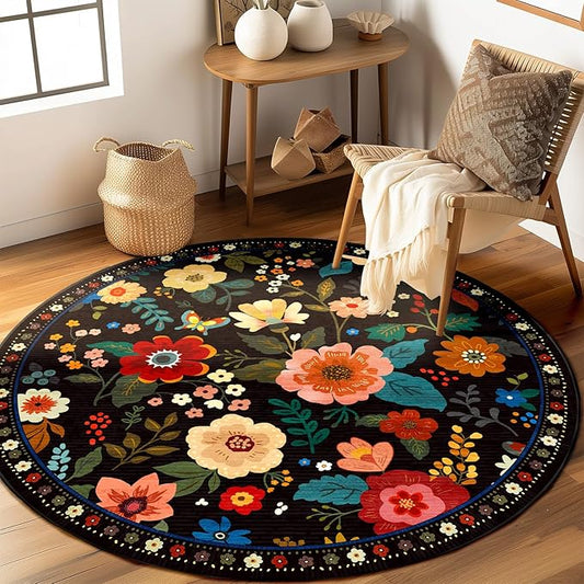 Floral 6ft Area Rug Machine Washable Soft Print Boho Carpet Non Slip Doormat Low Pile Flower Area Rugs for Living Room Bedroom Nursery Kitchen Dining Room Indoor-Black