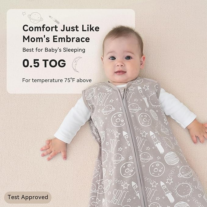 Baby Sleep Sack 6-12 Months 3 Pack 100% Cotton Lightweight 0.5 TOG Wearable Blanket Baby Sleep Bag with 2-Way Zipper for Newborn Infant White Gray Blue Space