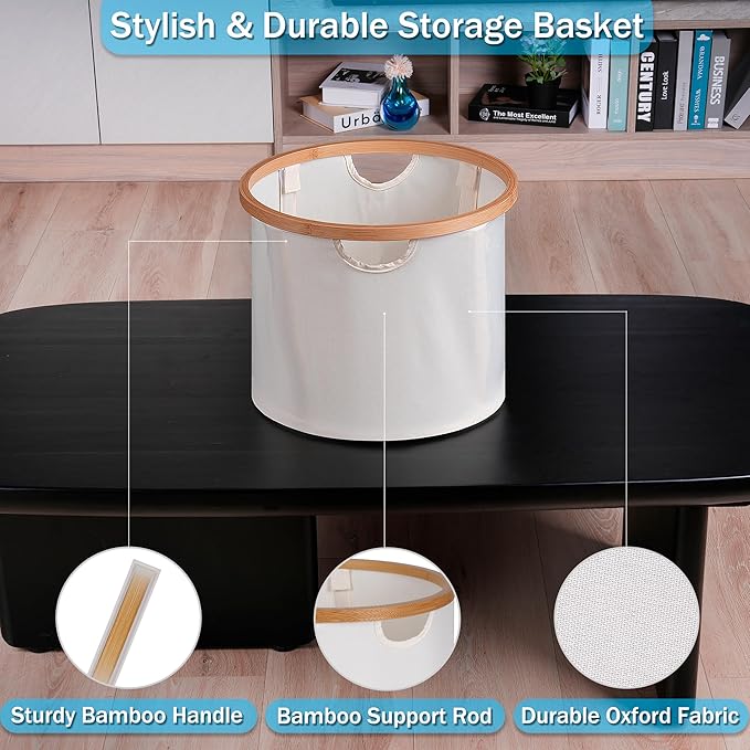 efluky Storage Baskets for Organizing, Fabric Storage Bins with Bamboo Handles, Collapsible Storage Baskets for Shelves and Closet,Medium, Beige Set of 2