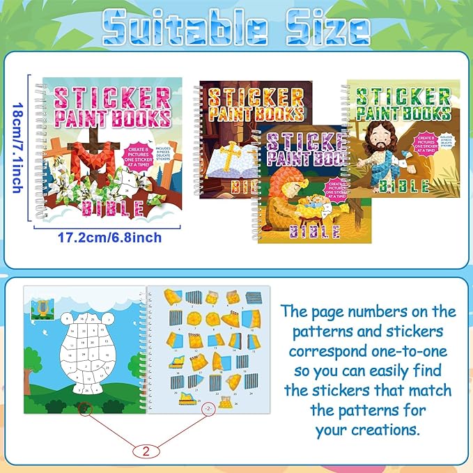 4Pcs Bible Paint by Sticker Books Sticker by Number Books Activity Book Stickers Puzzle Book Christian Craft Art Gift Set Party Favor with Jesus Bible Cross 32 Pictures