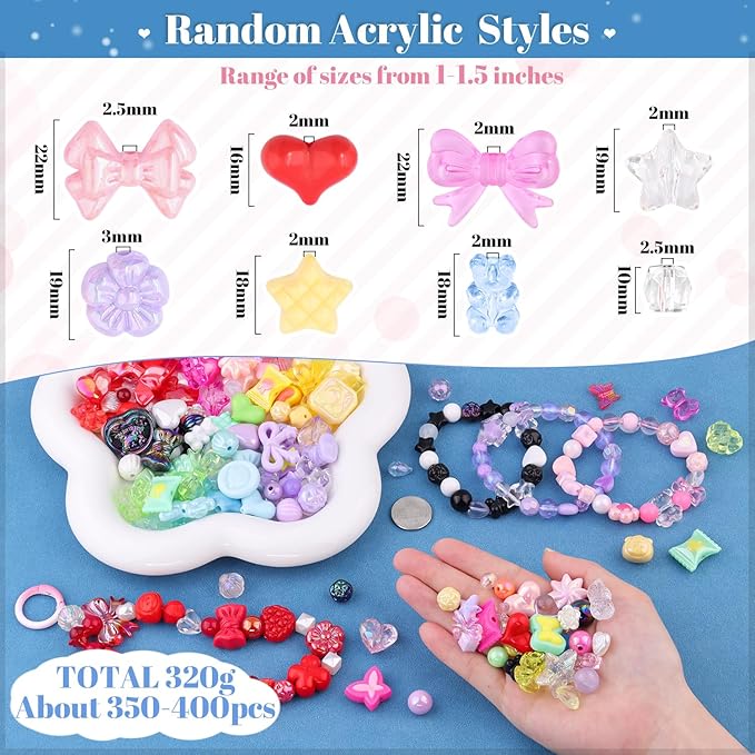 Assorted 400PCS 8 Colors Mixed Acrylic Beads for Bracelet Making, Flower Bow Butterfly GummyBear Aesthetic Bracelet Charms,Cute Beads for Jewelry Making DIY Necklace Keychain Phone Charm