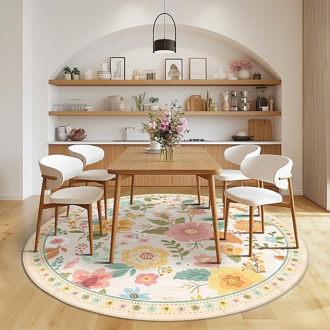 Floral 8ft Area Rug Machine Washable Soft Print Boho Carpet Non Slip Doormat Low Pile Flower Area Rugs for Living Room Bedroom Nursery Kitchen Dining Room Indoor-Beige/White/Orange