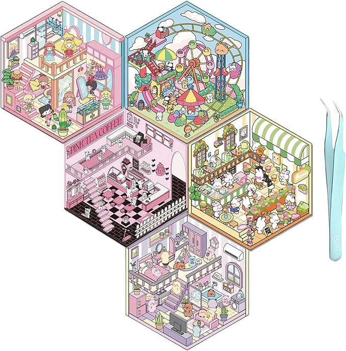 5 Set 3D Scene Stickers DIY 3D House Stickers -Fun DIY Stickers Scene Make Your Own clothing store Shop Amusement park for Adult Kids-Make Your Own Stickers-Cute Cartoon Sticker Scenes for Adults Kids