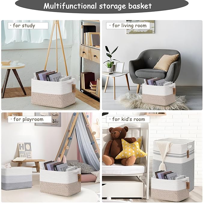COMFY-HOMI Cotton Rope Woven Basket with Handles for Shelves,Toys,Book, Cloth Storage Baskets for Organizing-13.5" x 11" x 9.5" Toy Decorative Organizer for Living Room, Bathroom （White/Brown）