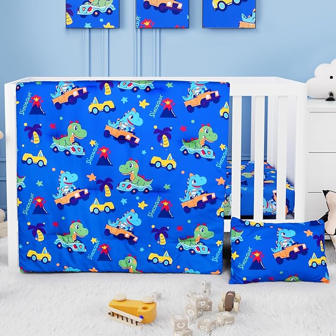 Cloele Dinosaur Crib Bedding Sets for Boys - 3 Piece Standard Size Baby Bedding Set Includes Crib Comforter Fitted Sheet Crib Skirt - Nursery Bedding Set for Boys and Girls
