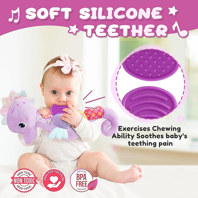 Baby Toys 0-6-12 Months,Musical Stuffed Animals Activity Soft Infant Toys with Multi-Sensory Crinkle, Rattle and Textures,Boys Newborn Baby Girl Toys, Seahorse, Purple