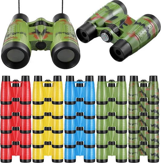 25 Pack Binoculars for Kids 6+ Years Old, with Compass and Neck String Toddler Toy Binoculars Gift Set for Camping Adventure, Party Favor, Red, Yellow, Camo, Green, Blue