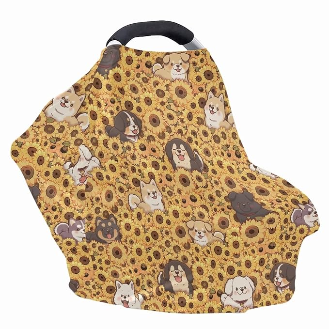 Binienty Sunflower Baby Stuff Car Seat Covers, Dogs Animal Print Carseat Canopy Multi-use Breastfeeding Carseat CanopyInfant Stroller Covers, Ideal Gifts for Wife Mom