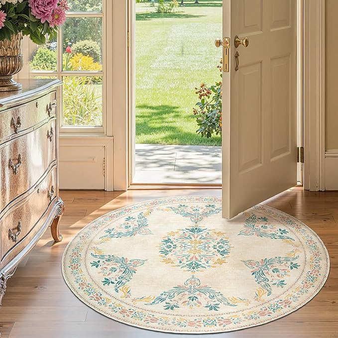 jinchan Round Rug 4ft Area Rugs Vintage Floral Distressed Design,Machine Washable Soft Non-Slip Low-Pile Ultra-Thin Circle Rug for Entryway Bedside Living Room Kitchen Nursery (4' Round,Apricot Multi)