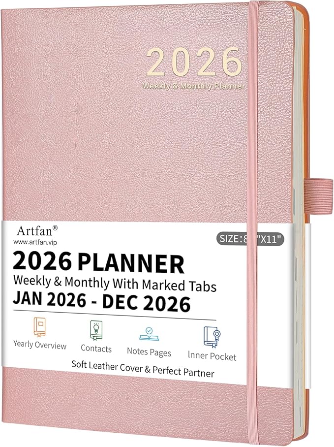 2026 Planner - JAN 2026 - DEC 2026, Planners 2026, Planner Weekly and Monthly, Leather Cover Calendar Planers with Thick Paper, Back Pocket with Notes Pages, Pink (8.5" x 11")
