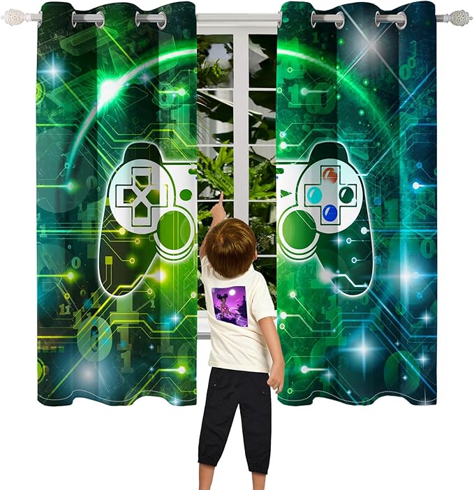 Gaming Blackout Curtains for Boys - 2Pcs Game Windows Curtain Panels for Boys Bedroom Green Gaming Console Curtains for Teens Boys Kids Room Decor Grommet Top, 82 in x 63 in