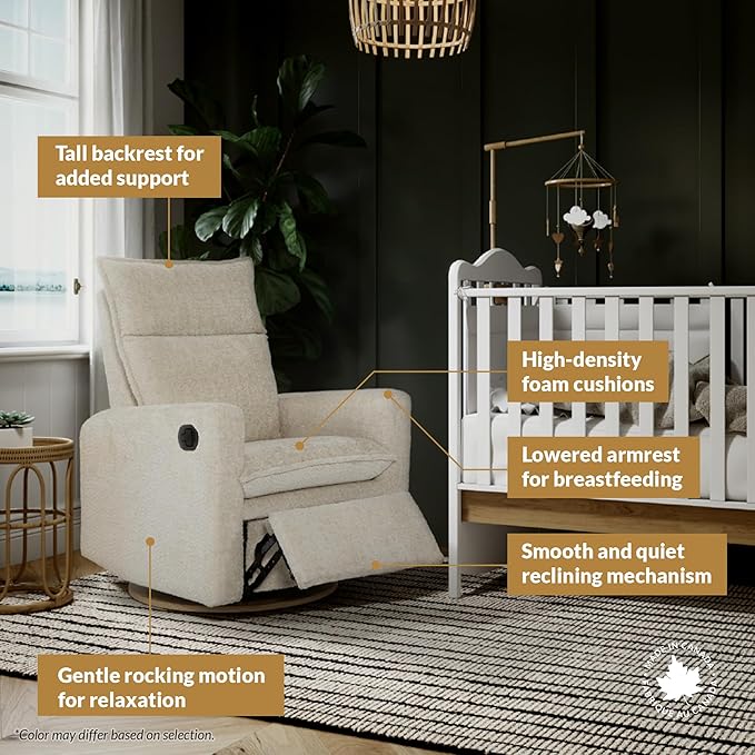 Jaymar Arya Modern Nursery Glider Recliner Chair – Cozy Nursing Chair with 360° Swivel for New Parents, Gentle Motion, Compact Design, High Back & Low Armrests, Canadian Made (Sand/Como Fabric)