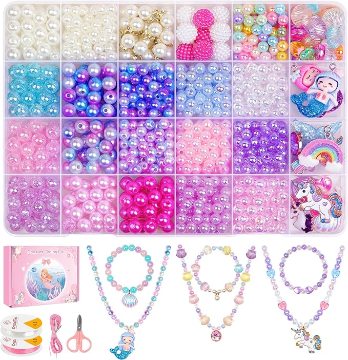 DUDUCOFU 900Pcs Mermaid Bracelet Making Kit for Girls Kids Charm DIY Beads for Jewelry Making, Friendship Bracelet Kit with Ocean Pearl Shell Butterfly Beads for Bracelet Necklace Making