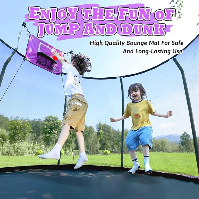 8FT 10FT 12FT 14FT Outdoor Trampoline with Basketball Hoop and LED Lights, ASTM Approved Recreational Trampolines for Kids and Adults with Net and Ladder