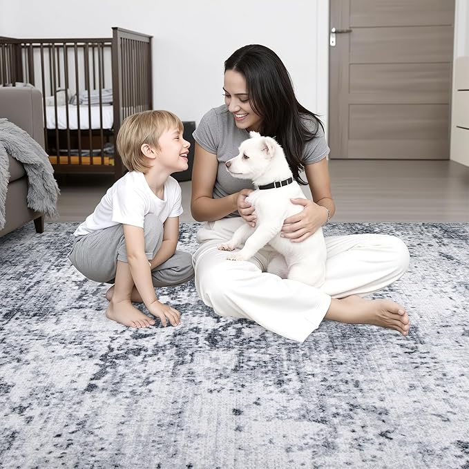 9x12 Area Rug Living Room Rug: Washable Modern Abstract Soft Thin Rug Indoor Floor No Slip Stain Resistant Carpet for Bedroom Dining Room Farmhouse Nursery Home Office - Grey