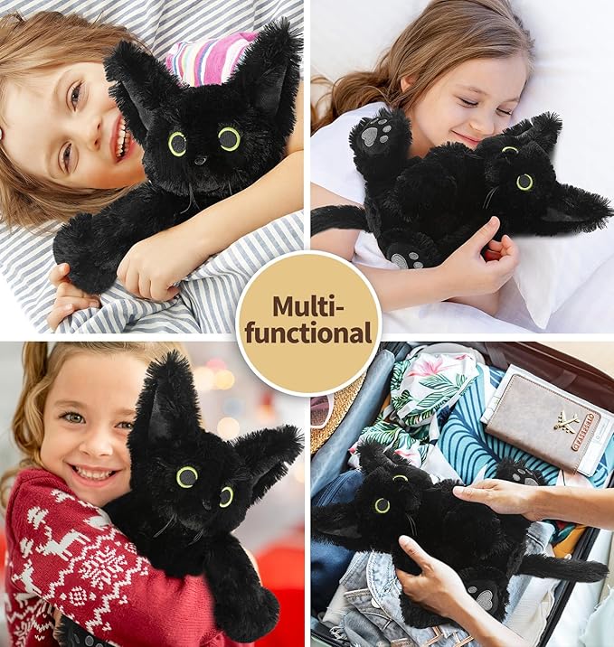 Cuckool Black Cat Stuffed Animals, Microwavable Stuffed Animals Heating Pad for Cramps, Pain Stress Relief, Heatable & Coolable Lavender Scented Cat Plush Toys for Anxiety, Women & Kids Bedtime