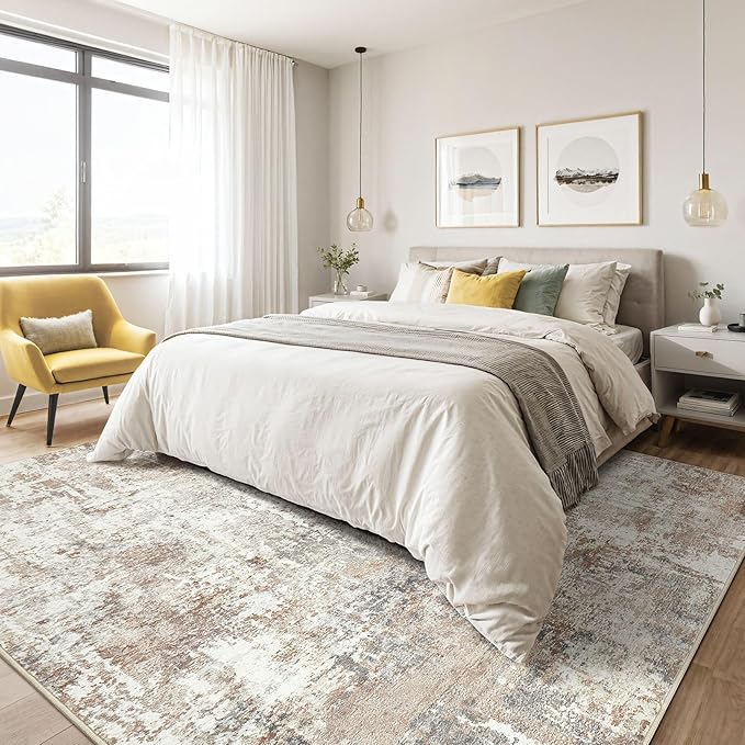 7x9 Area Rug Living Room: Machine Washable Large Abstract Modern Soft Rugs Stain Resistant Indoor Floor Non Slip Accent Carpet for Bedroom Nursery Playroom Office Dining Room Dorm Home House- Brown