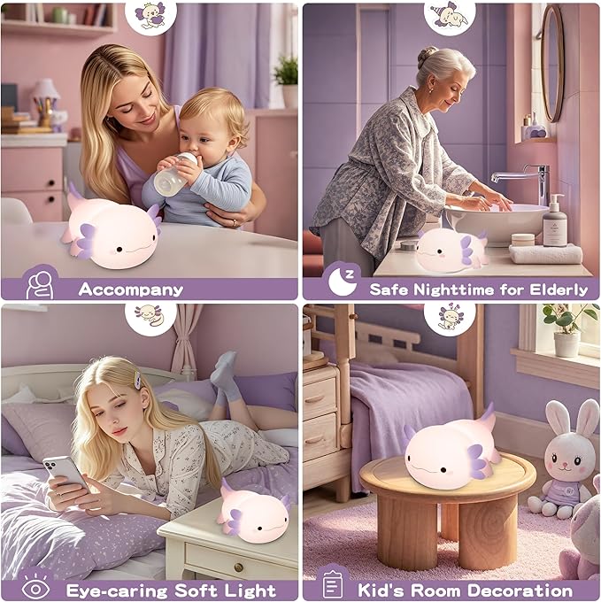 Axolotl Night Light for Kids,Cute Purple Axolotl Lamp,LED Squishy Nursery Nightlight, Food Grade Soft Silicone Novelty Animal Bedside Lamp,Adorable Room Decor, Axolotl Gitfs for Mother Girls Baby