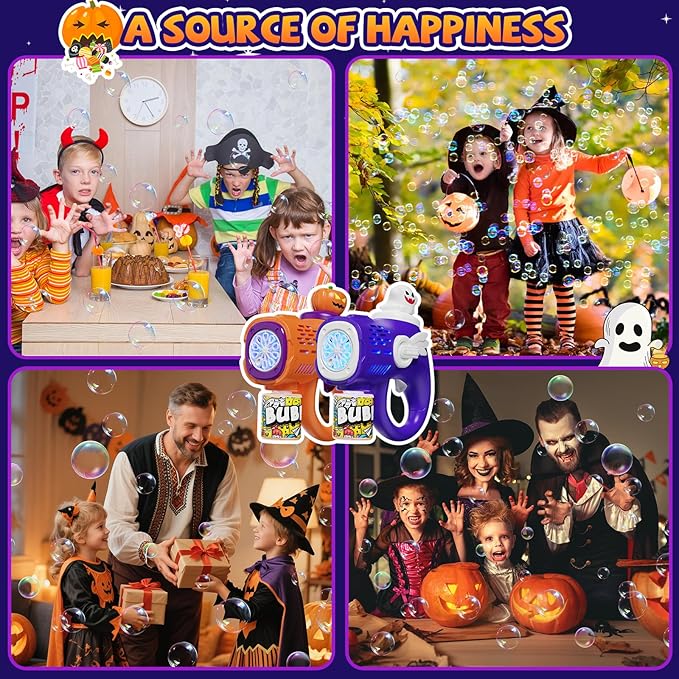 Halloween Bubble Machine Gun for Kids: 2 Pack Automatic Bubble Maker Blaster Toys with LED Lights, 10 Refill Solutions, Pumpkin & Ghost Bubble Blower for Halloween, Party Favor, Toddlers 3-8 Gifts