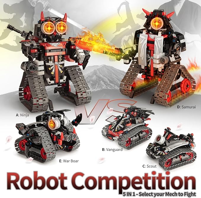 5 in 1 STEM RC Robot Building Kit, APP & Remote Control Samurai/Ninja Blocks 419 Pcs, Erector Set RC Toy for Kids, DIY Build Science Educational Gift for Age 6 7 8 9 10 11 12+ Boys & Girls