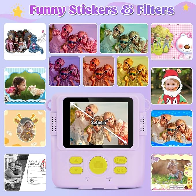 Instant Print Camera for Kids - 2.4 Inch Kids Camera Instant Print with Paper & 32G Card- Digital Children Toys as Christams Birthday Gifts for Girls Boys Age 3-12 - Purple