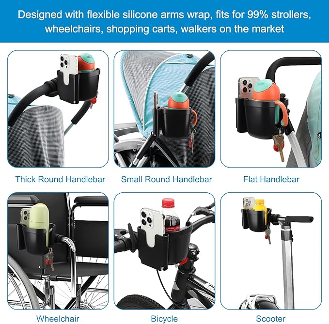 Accmor Stroller Cup Holder, Universal Cup Holder with Silicone Gooseneck Arm, Bike Cup Holder, 360° Rotatable Large Caliber Drinks Holder for Stroller, Bike, Wheelchair, Walker