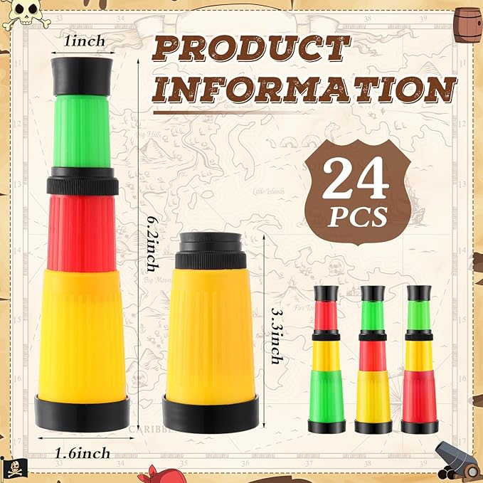 24 Pcs Plastic Pirate Telescope for Pirate Party Favors Portable Pocket Educational Science Spyglass Mini Monocular for Pirate Birthday Party Supplies Halloween Treasure Hunt