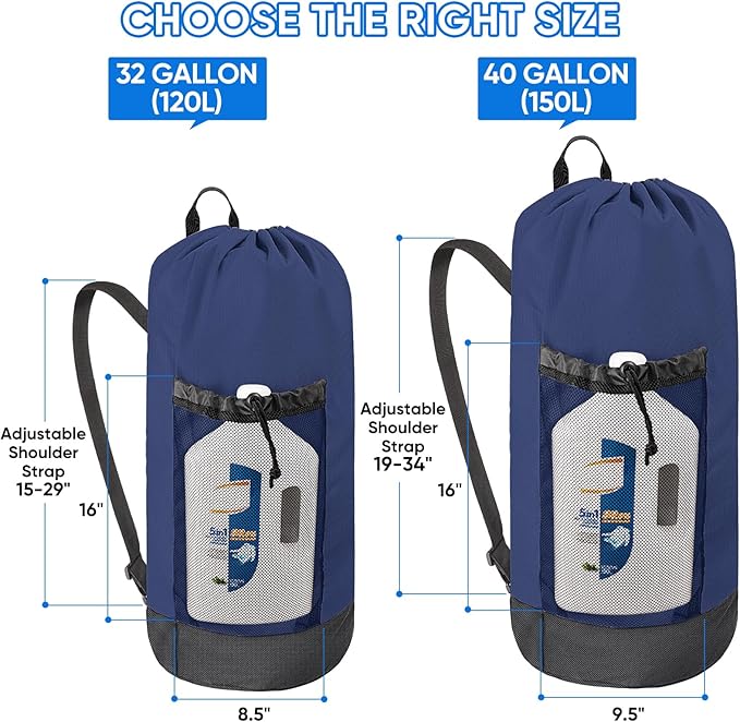 BALEINE 120L Laundry Bag Backpack, 900D Oxford Fabric Large Travel Laundry Bags with Shoulder Straps and 2 Mesh Pockets for College Dorm, Apartment, Laundromat (Navy, 120L)