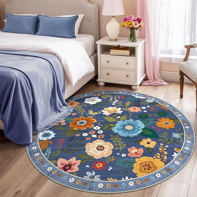 Floral 4ft Area Rug Machine Washable Soft Print Boho Carpet Non Slip Doormat Low Pile Flower Area Rugs for Living Room Bedroom Nursery Kitchen Dining Room Indoor-Blue/Grey