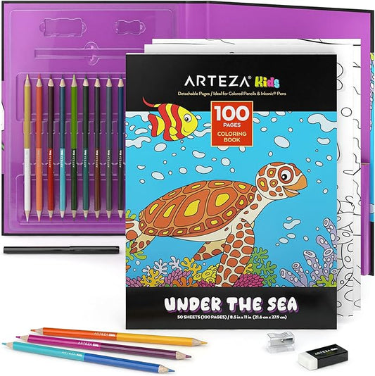 ARTEZA Kids Coloring Book and Colored Pencils Kit, 8.5x11 Inches, Sea Creature Illustrations, 50 Double-Sided Coloring Sheets, 100-lb Paper