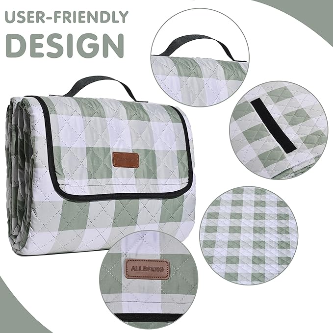 Extra Large Picnic Blanket 80''x 80'' Waterproof Foldable Picnic Mat for Beach, 5-Layer Outdoor Blanket for 6 to 8 Adults,Camping Grass Lawn Park Accessories Couple Park Wedding Registry(Green)