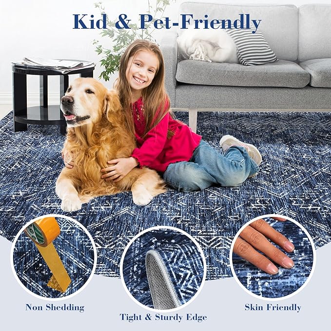 COZYLOOM Living Room Rug 9x12 Machine Washable Area Rugs Modern Abstract Floor Cover Non Slip Low Pile Geometric Mats Stain Resistant Foldable Carpet for Dining Room Bedroom, Blue