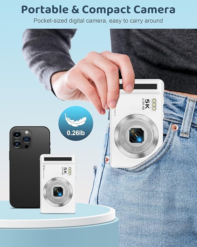 5K Digital Camera - 72MP UHD Digital Cameras for Photography - Autofocus Point and Shoot Small Camera with Flash for Kids - 2.8 Inch Screen Compact Portable Vlogging Camara with 16X Zoom, 32GB SD Card