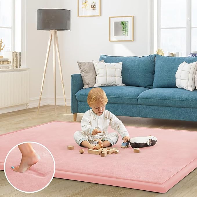 Baby Play Mat for Floor Tummy Time Mat Nursery Rug Muscle Mat Area Rug Playroom Rug Tatami Mat 6'7"x6'7" Memory Foam 1.3" Thick Crawling Mat for Babies,Toddlers, Infants, Kids,Floor Mat(Pink)