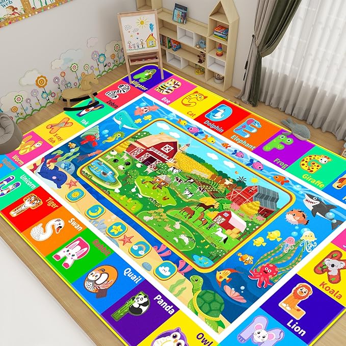 Kids Rug for Playroom, Kids Baby Playmat with Farm Sea Animal, Alphabet ABC Educational Rug, Floor Play Mat Carpet for Bedroom Preschool Classroom (110.2X78.7 INCH, Farm)
