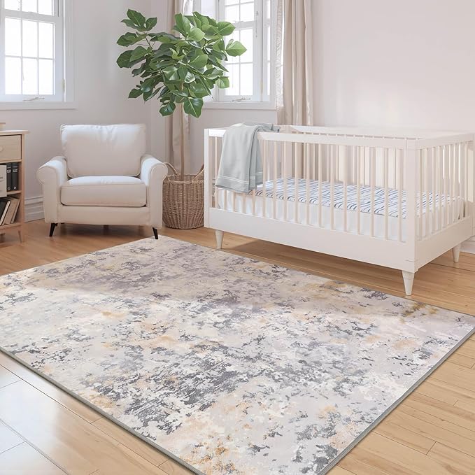 Area Rug 4x6 Washable Grey Rug for Bedroom, Abstract Modern Living Room Rugs Non Slip Low Pile, Carpet for Kitchen, Nursery, Kids Room, Office