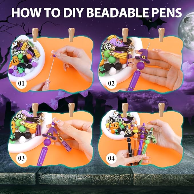 CZWZ Halloween Beadable Pens, Plastic Beadable Pens with 8 Pcs Multicolor Silicone Beads, Halloween Pumpkin Bat Skull Ghost Witch Hat Pens for Halloween Gifts Office Supplies