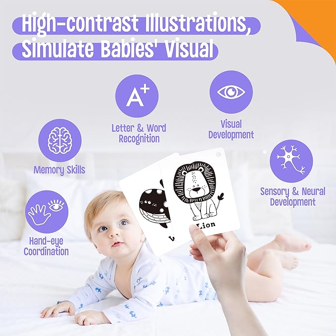 52 PCS Baby Visual Stimulus Cards, Double-Sided High Contrast Black and White, Colorful Alphabet Words Flashcards, Visual Sensory Development Montessori Cards Set for Newborn Baby, Kids, Preschool
