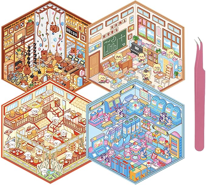 DIY 3D Sticker Scene 4 Sets of Scene Stickers Make Your Own Mini Shop Sticker Cute Miniature Cartoon Therapy Stickers for Kids Adult