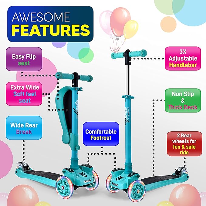 Hurtle 3-Wheeled Scooter for Kids - Wheel LED Lights, Adjustable Lean-to-Steer Handlebar, and Foldable Seat - Sit or Stand Ride with Brake for Boys and Girls Ages 1-14 Years Old