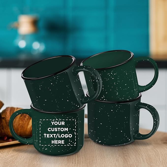 DISCOUNT PROMOS Custom Ceramic Campfire Coffee Mugs 13 oz. Set of 1, Personalized Bulk Pack - Perfect for Tea, Espresso, Cappuccino, Hot Cocoa - Green