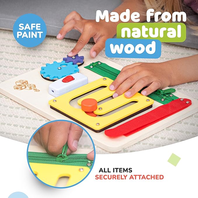 deMoca Montessori Busy Board for 1 Year Old, Premium Wooden Baby Busy Board, Airplane Toys for Toddlers 1-3, Car Travel Essential, Gift for Boys & Girls