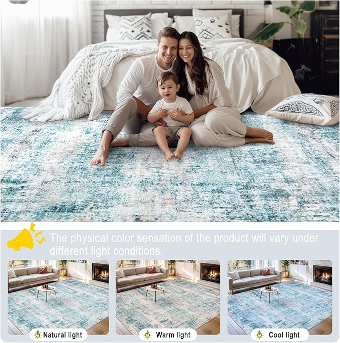 Area Rugs Living Room Rug - 4x6 Washable Modern Abstract Soft Neutral Non-Slip Carpet Large Indoor Floor Thin Carpets for Bedroom Dining Room Farmhouse Nursery Home Office Green