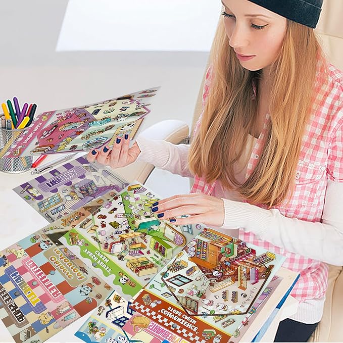 DIY 3D Sticker Scene，10 Sets Pack（600+） Large-Sized, Reusable Sticker Book, Cute Sets for Free Combination, Waterproof for Anywhere, Crafts Party Favors Birthday Gift